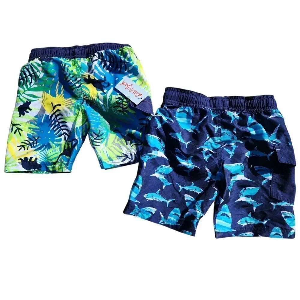 Cat & Jack Swim Trunks Lot of 2 Shorts Mesh Lined Sharks Striped Boys XS 4/5